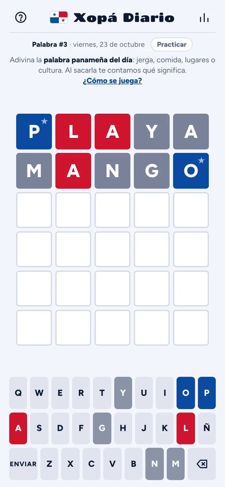 Tablero de Xopá Diario con las palabras PLAYA y MANGO en azul, rojo y gris